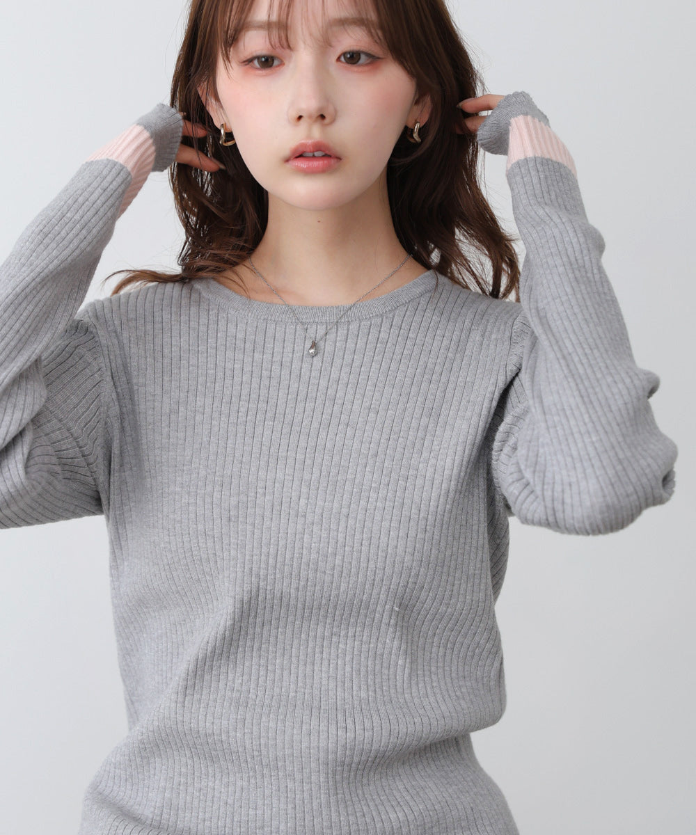 【2026SS】袖配色クルーネックリブニットトップス