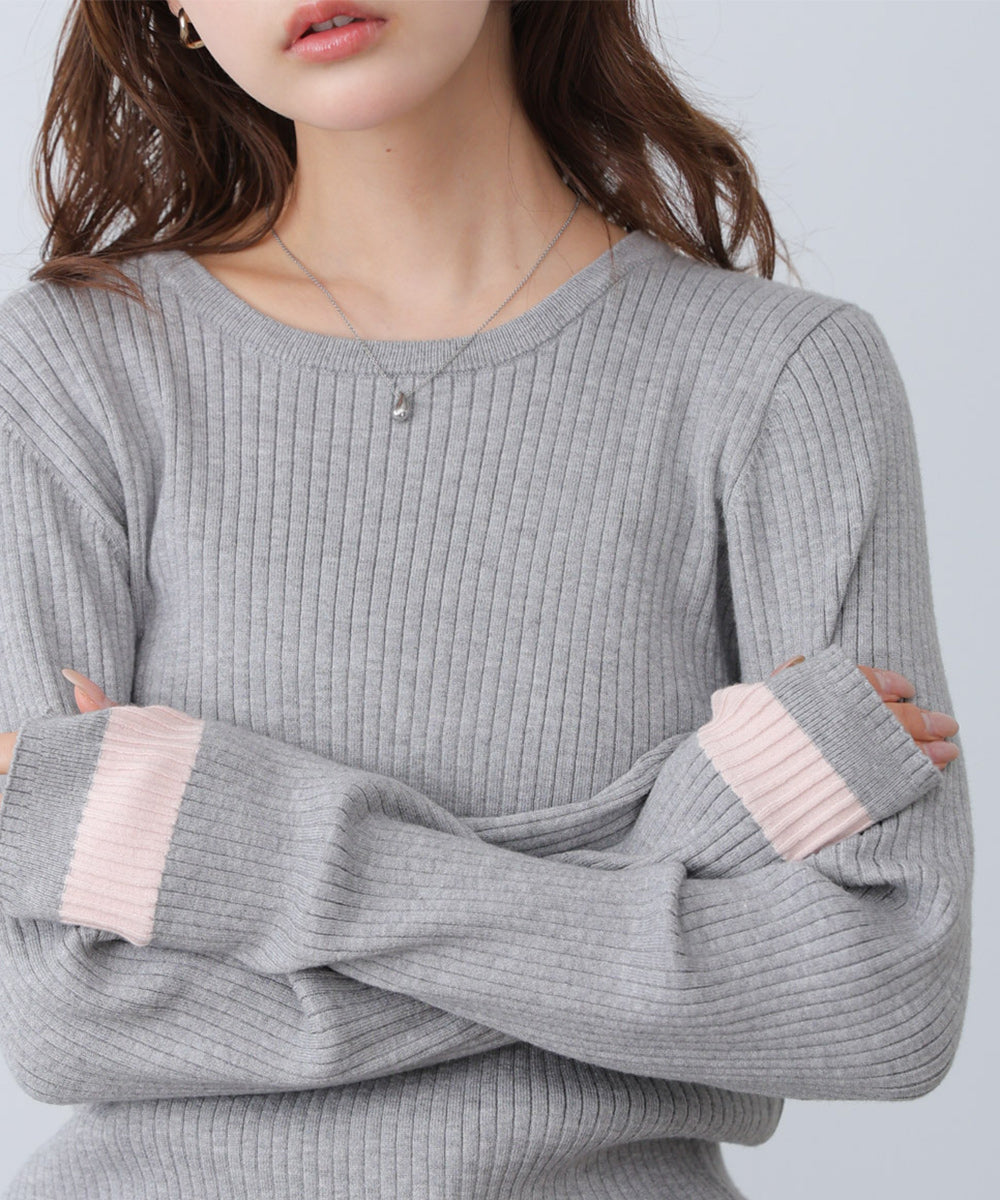 【2026SS】袖配色クルーネックリブニットトップス