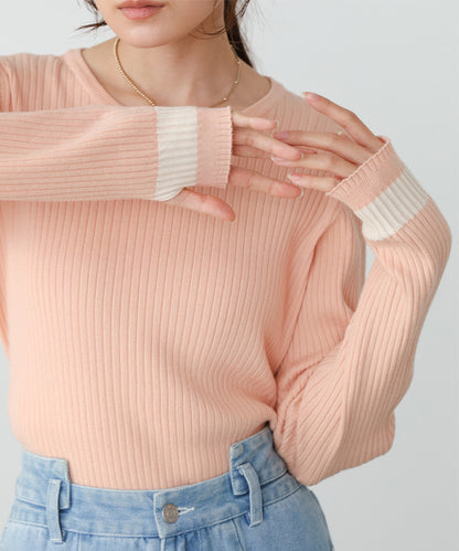【2026SS】袖配色クルーネックリブニットトップス