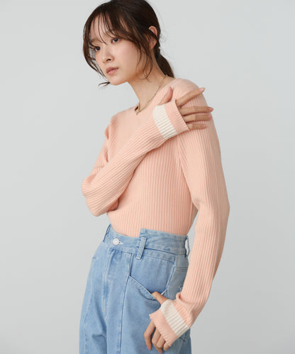 【2026SS】袖配色クルーネックリブニットトップス
