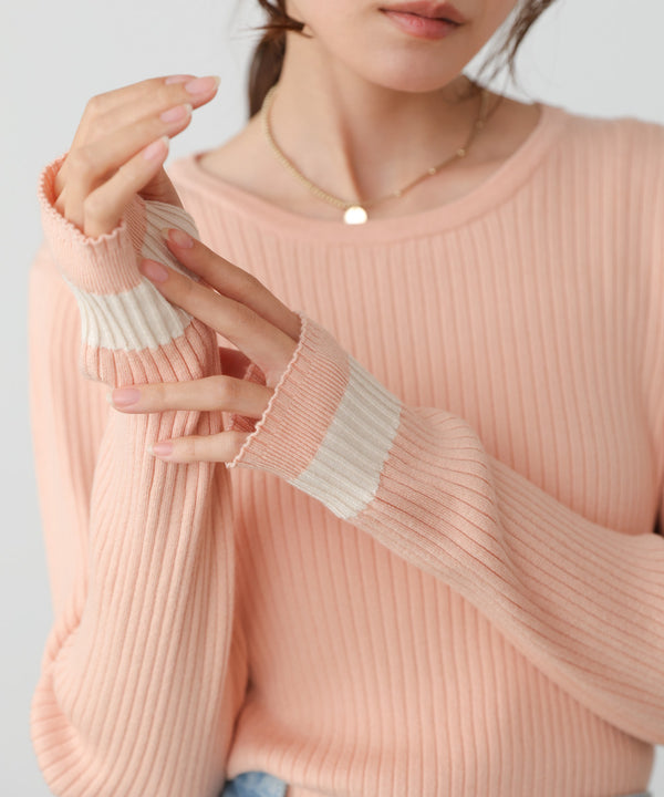 【2026SS】袖配色クルーネックリブニットトップス