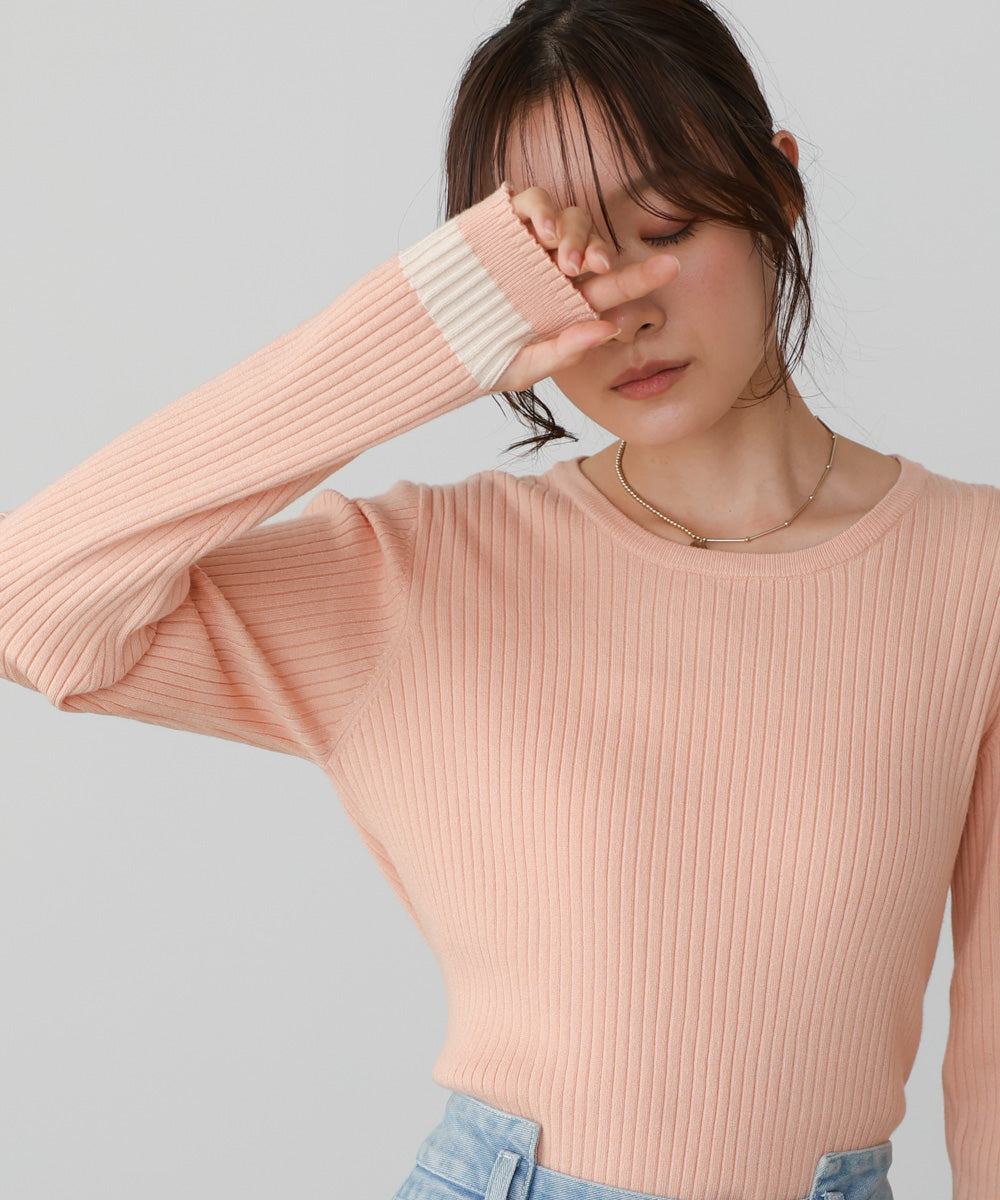 【2026SS】袖配色クルーネックリブニットトップス