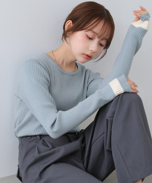 【2026SS】袖配色クルーネックリブニットトップス