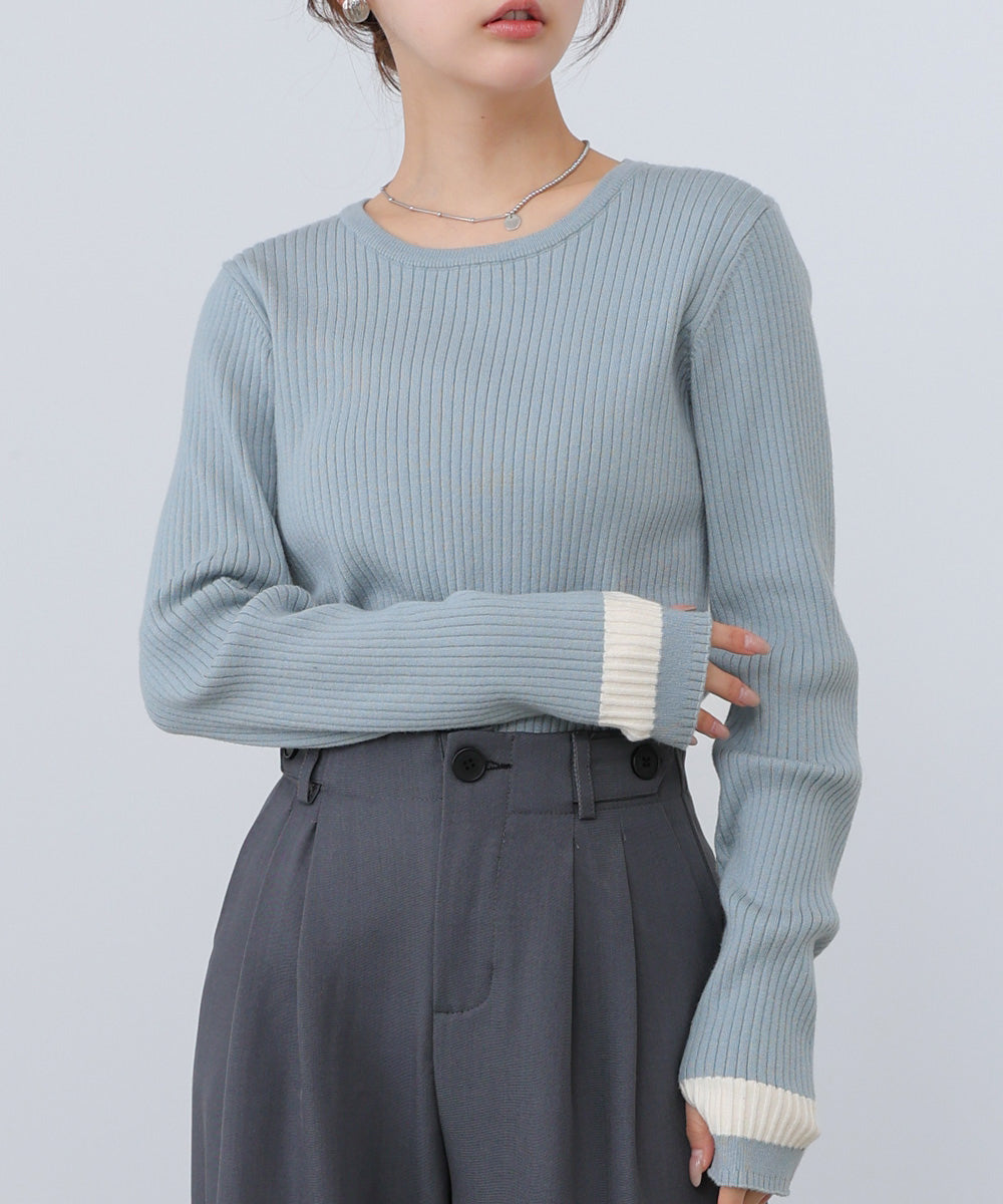 【2026SS】袖配色クルーネックリブニットトップス