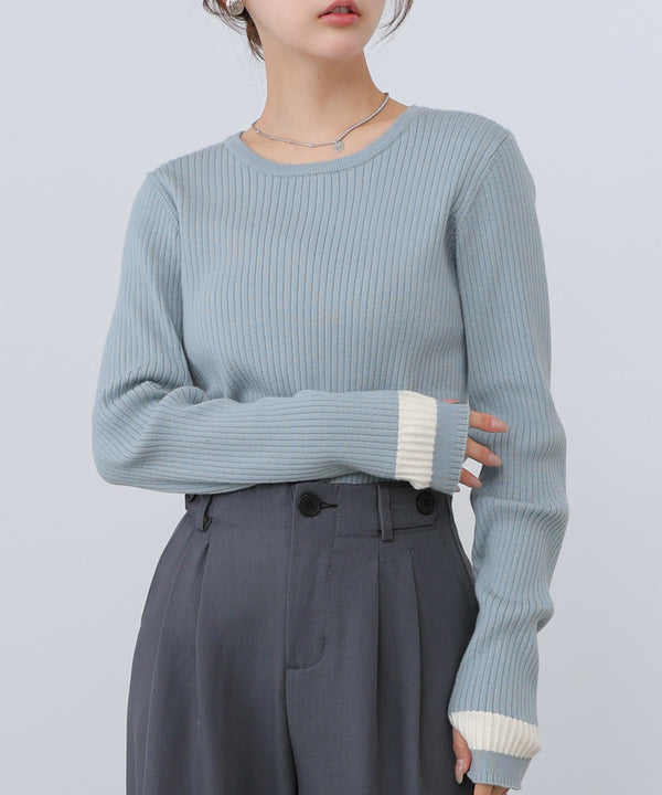 【2026SS】袖配色クルーネックリブニットトップス