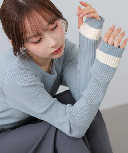 【2026SS】袖配色クルーネックリブニットトップス