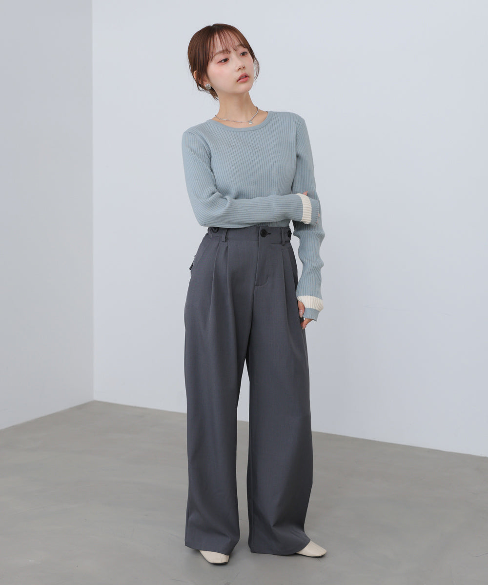 【2026SS】袖配色クルーネックリブニットトップス