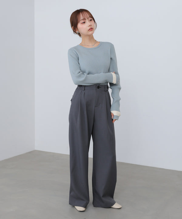 【2026SS】袖配色クルーネックリブニットトップス