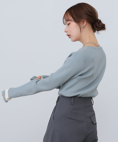 【2026SS】袖配色クルーネックリブニットトップス
