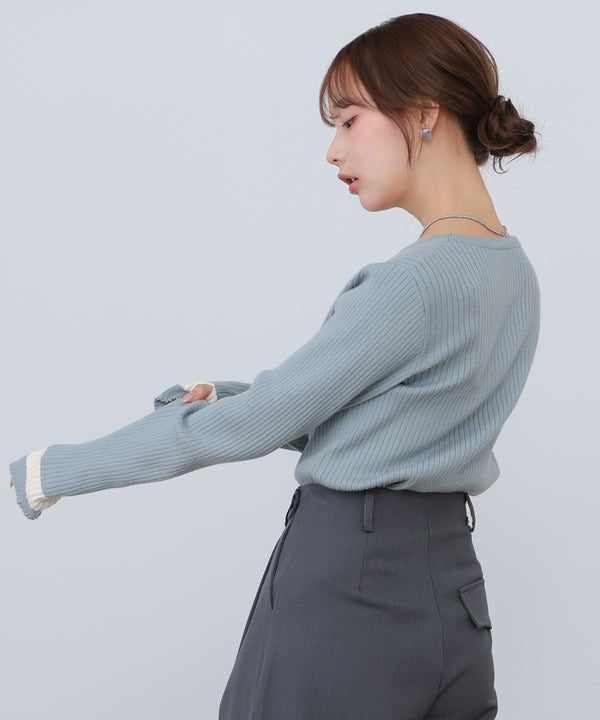 【2026SS】袖配色クルーネックリブニットトップス