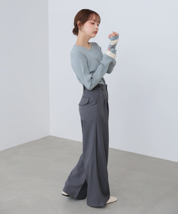 【2026SS】袖配色クルーネックリブニットトップス