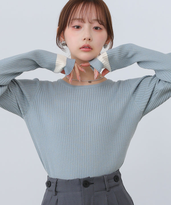 【2026SS】袖配色クルーネックリブニットトップス
