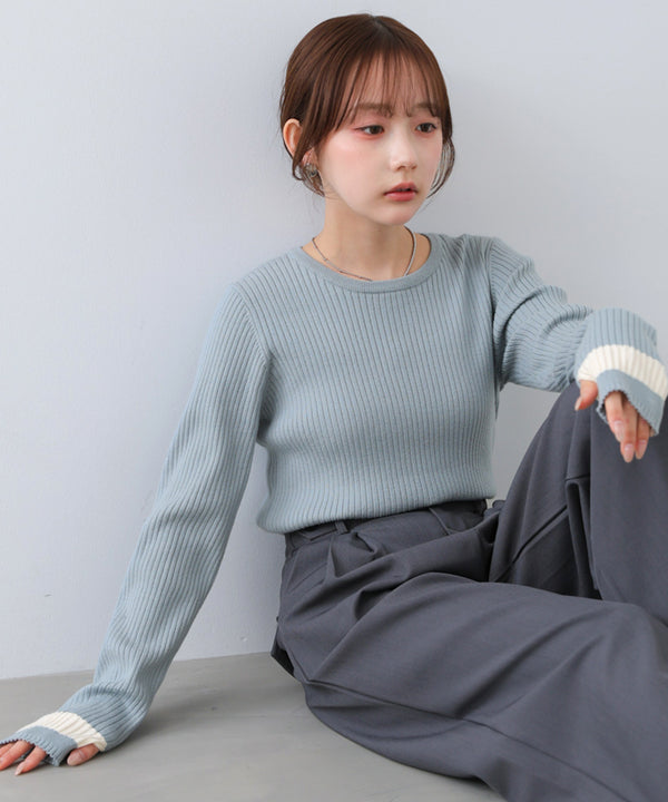 【2026SS】袖配色クルーネックリブニットトップス