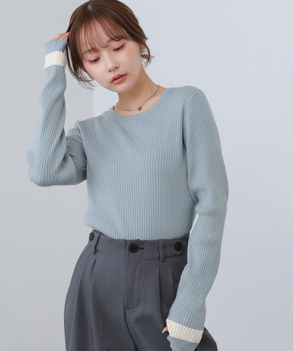 【2026SS】袖配色クルーネックリブニットトップス