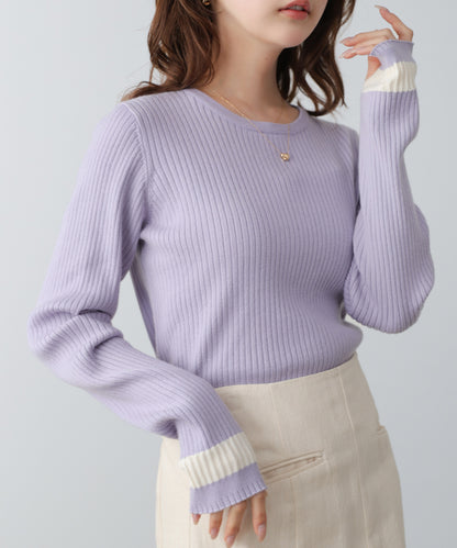 【2026SS】袖配色クルーネックリブニットトップス
