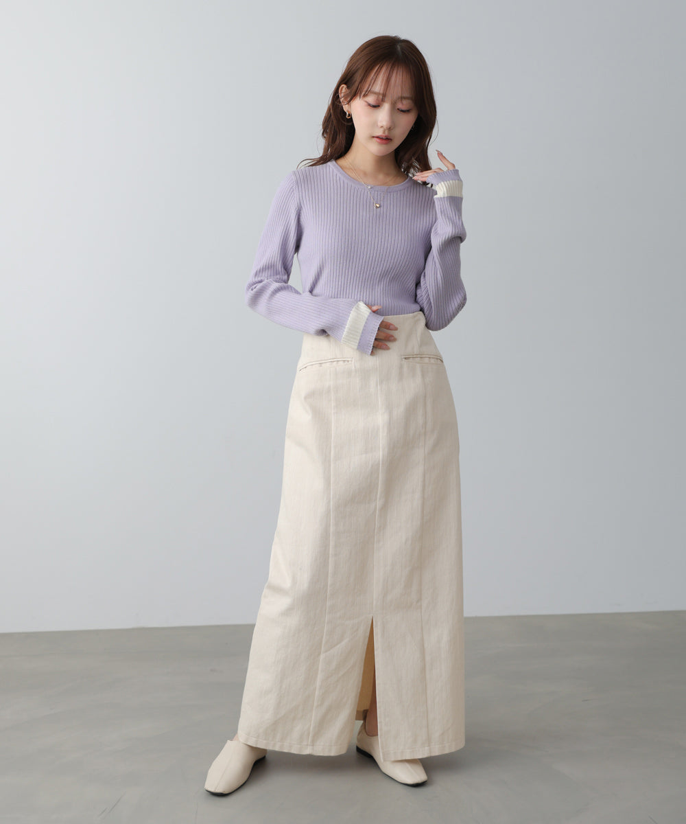 【2026SS】袖配色クルーネックリブニットトップス