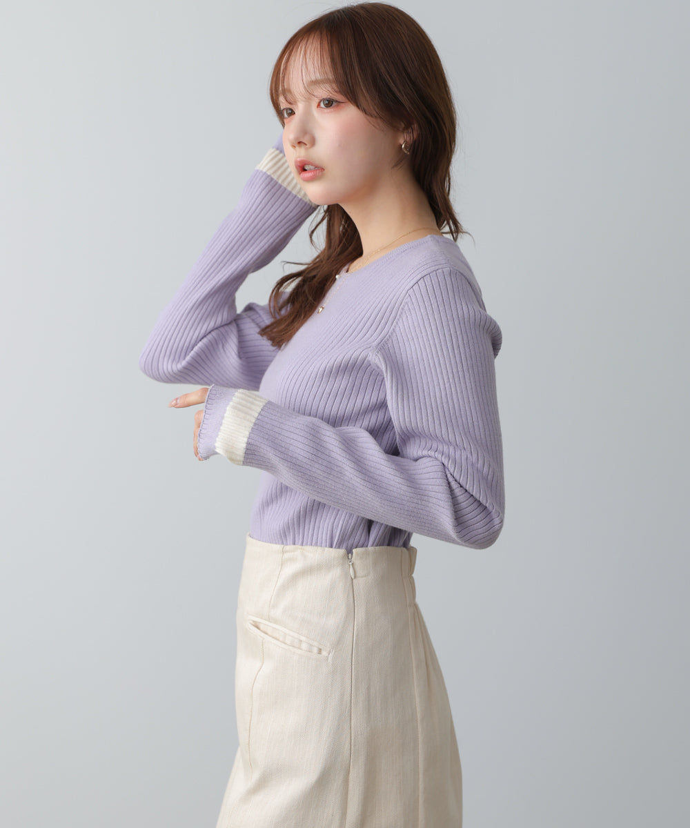 【2026SS】袖配色クルーネックリブニットトップス