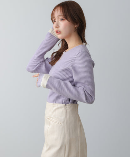 【2026SS】袖配色クルーネックリブニットトップス