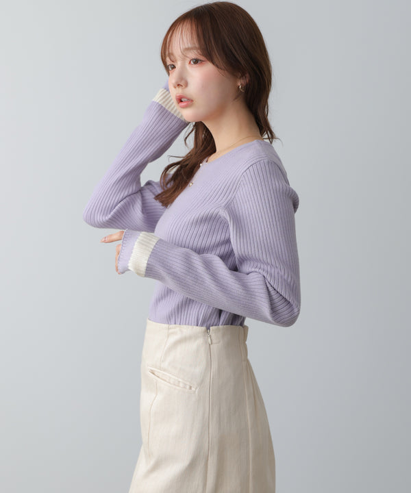【2026SS】袖配色クルーネックリブニットトップス