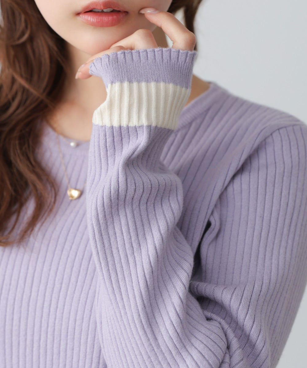 【2026SS】袖配色クルーネックリブニットトップス
