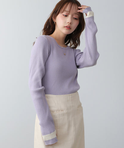【2026SS】袖配色クルーネックリブニットトップス