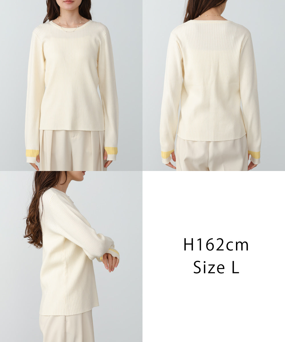 【2026SS】袖配色クルーネックリブニットトップス