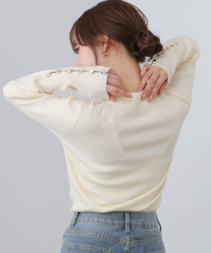 【2026SS】袖ボタンハイネックリブニットトップス