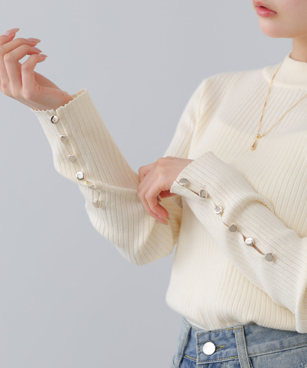 【2026SS】袖ボタンハイネックリブニットトップス