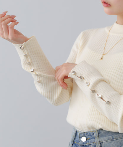 【2026SS】袖ボタンハイネックリブニットトップス