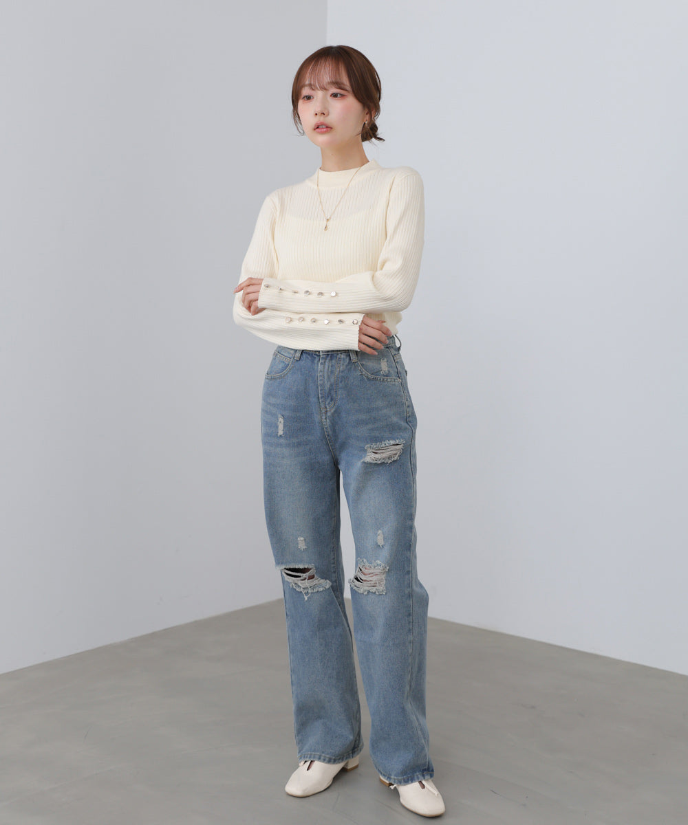 【2026SS】袖ボタンハイネックリブニットトップス