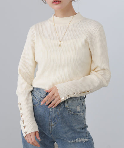 【2026SS】袖ボタンハイネックリブニットトップス