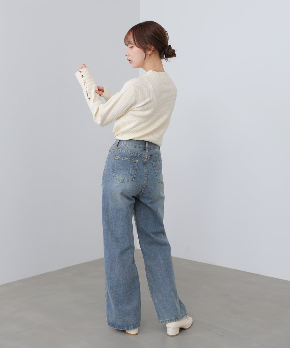 【2026SS】袖ボタンハイネックリブニットトップス