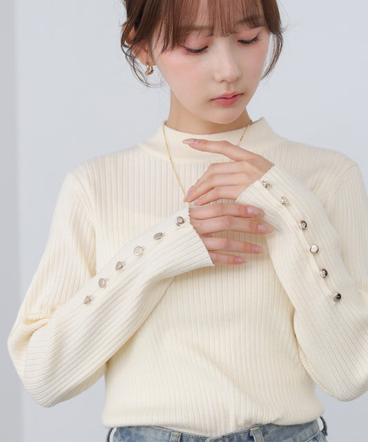 【2026SS】袖ボタンハイネックリブニットトップス