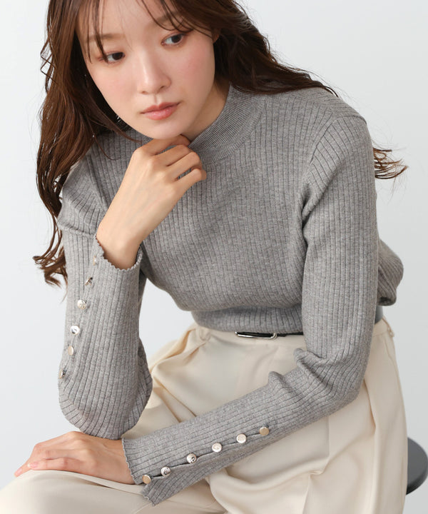【2026SS】袖ボタンハイネックリブニットトップス
