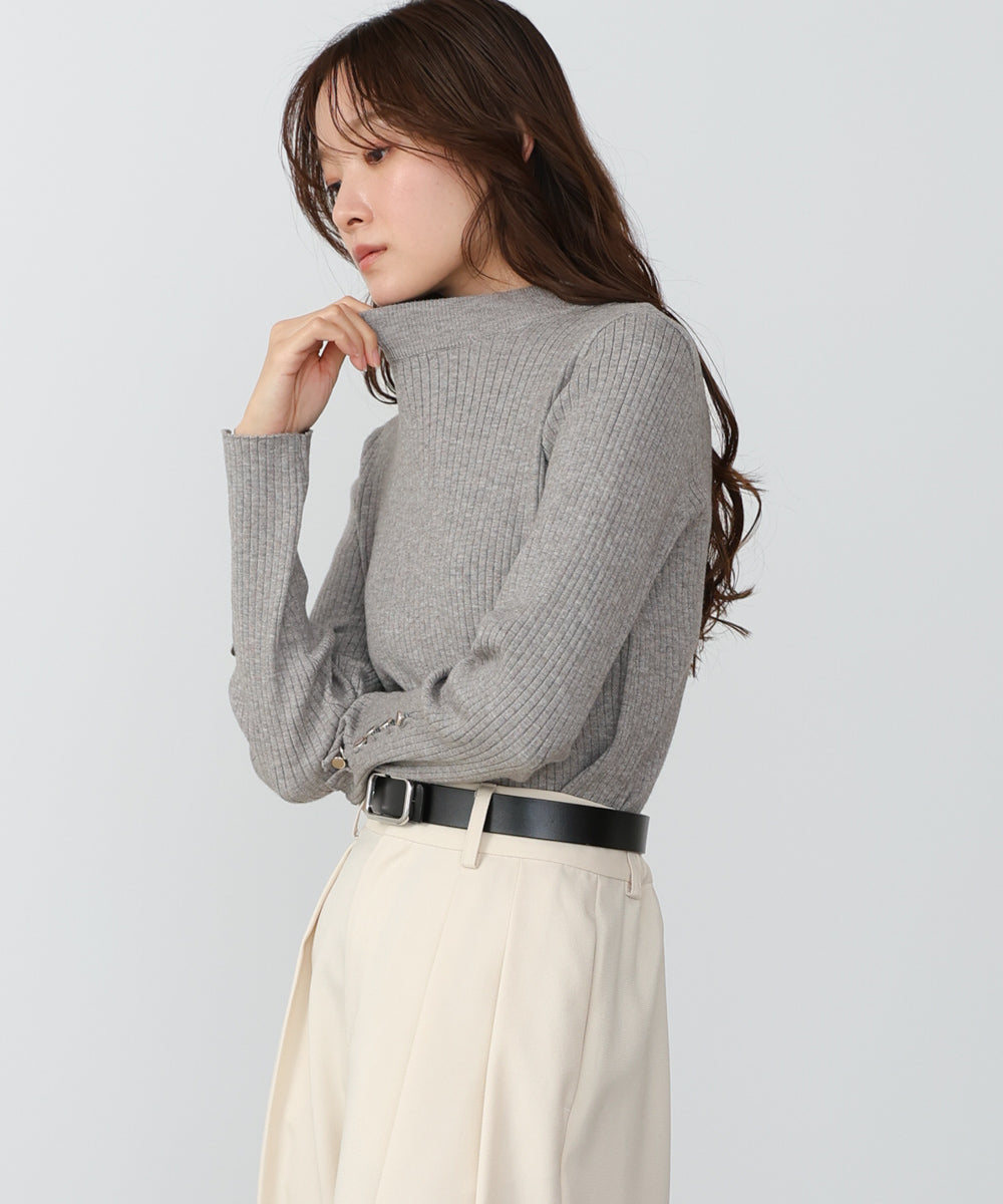 【2026SS】袖ボタンハイネックリブニットトップス