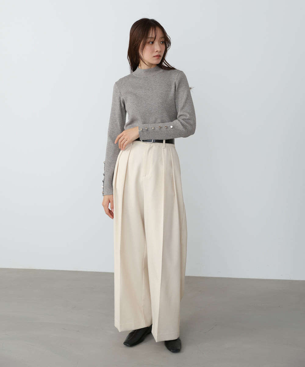 【2026SS】袖ボタンハイネックリブニットトップス