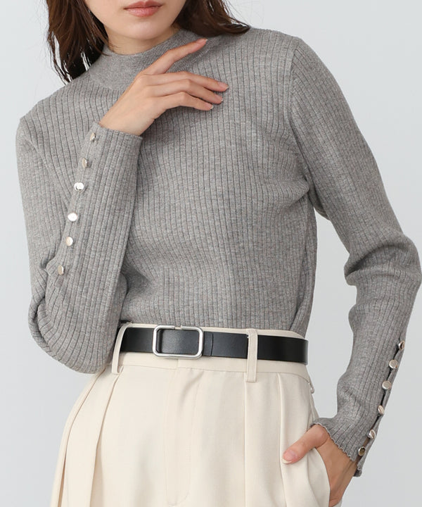 【2026SS】袖ボタンハイネックリブニットトップス
