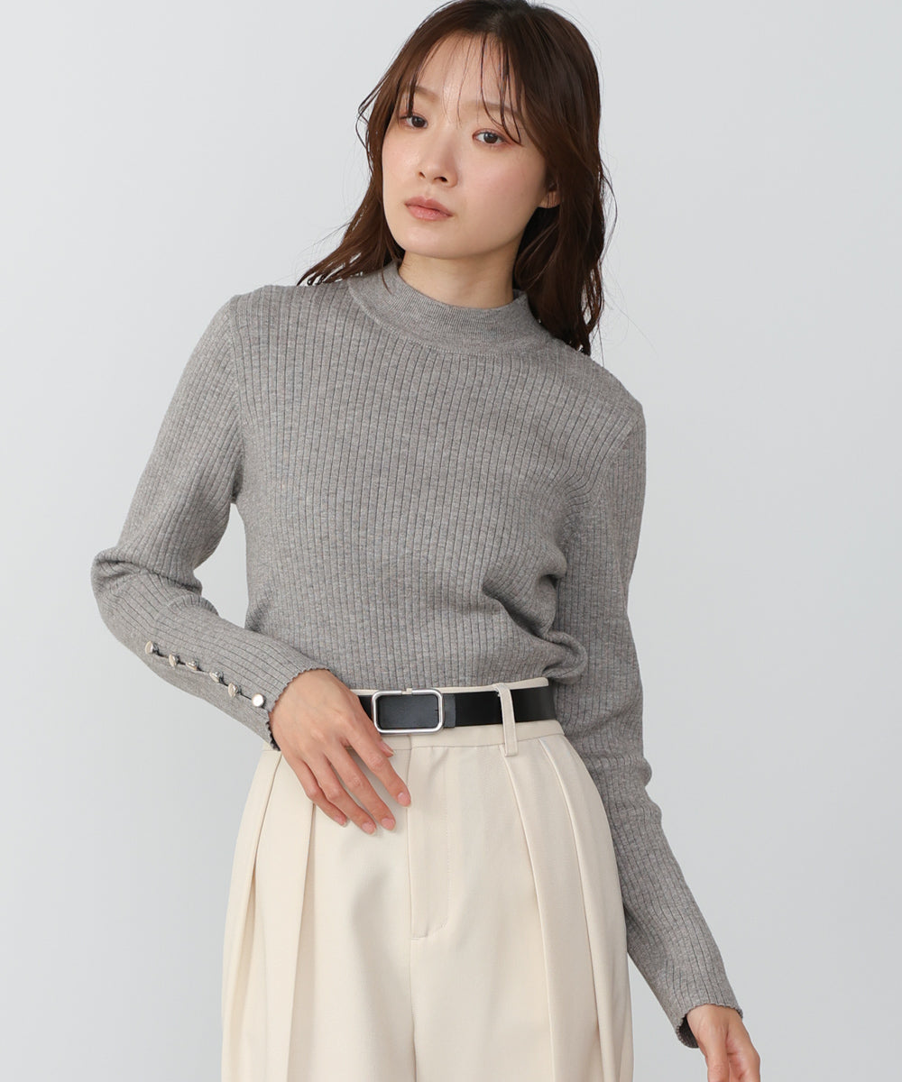 【2026SS】袖ボタンハイネックリブニットトップス