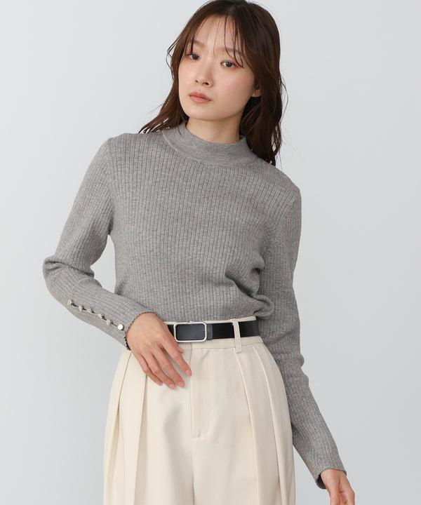 【2026SS】袖ボタンハイネックリブニットトップス