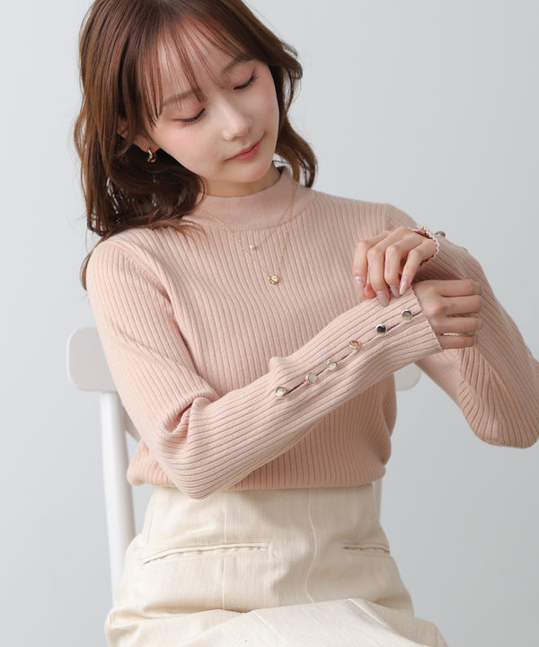 【2026SS】袖ボタンハイネックリブニットトップス