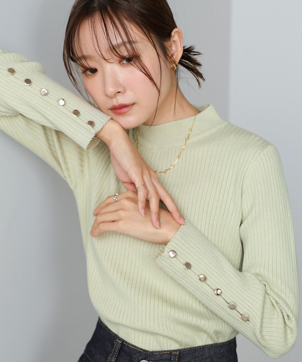 【2026SS】袖ボタンハイネックリブニットトップス