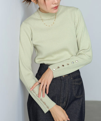 【2026SS】袖ボタンハイネックリブニットトップス