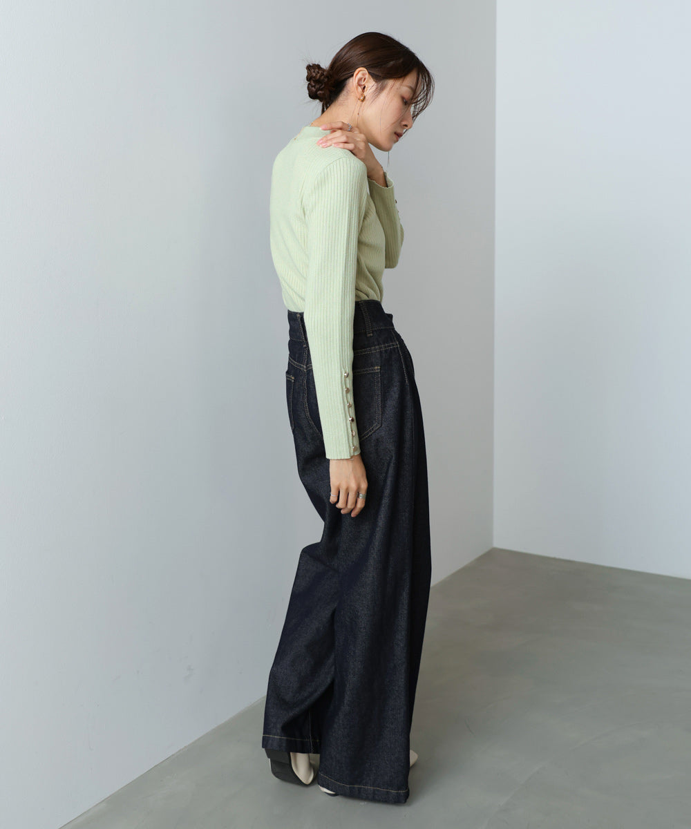 【2026SS】袖ボタンハイネックリブニットトップス