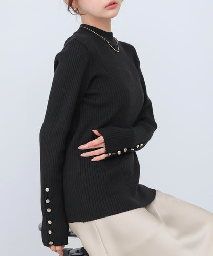 【2026SS】袖ボタンハイネックリブニットトップス