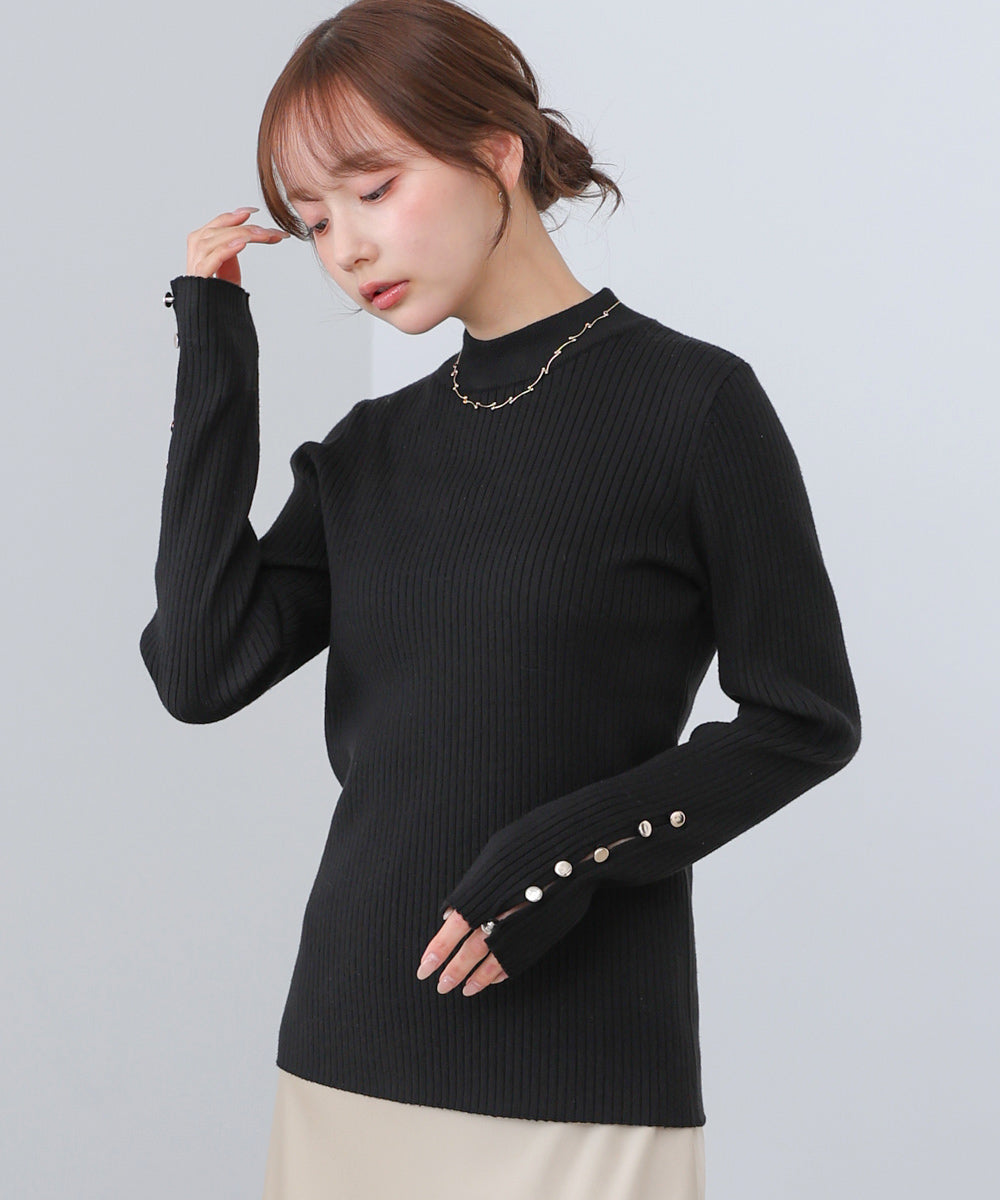 【2026SS】袖ボタンハイネックリブニットトップス
