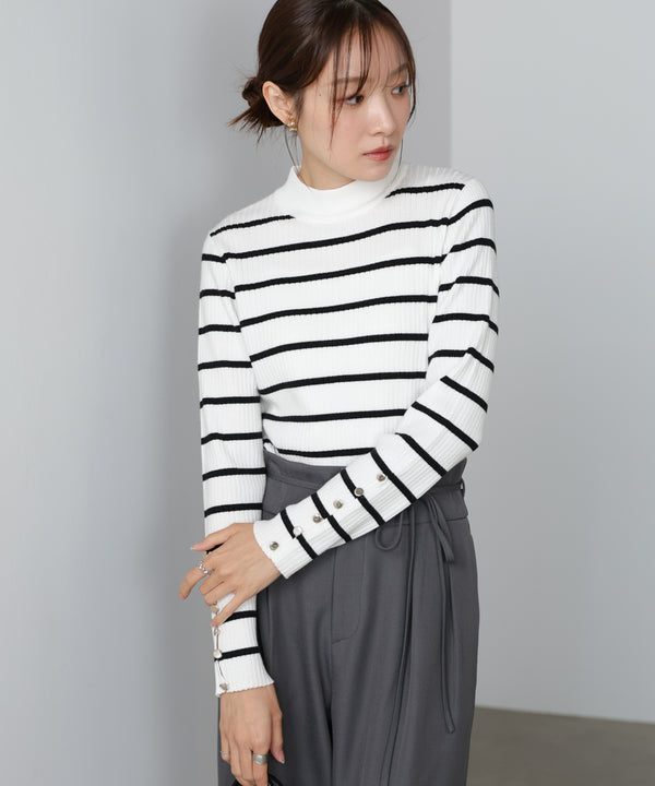 【2026SS】袖ボタンハイネックリブニットトップス
