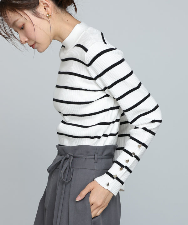 【2026SS】袖ボタンハイネックリブニットトップス