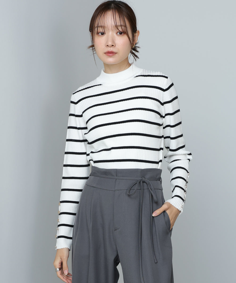 【2026SS】袖ボタンハイネックリブニットトップス