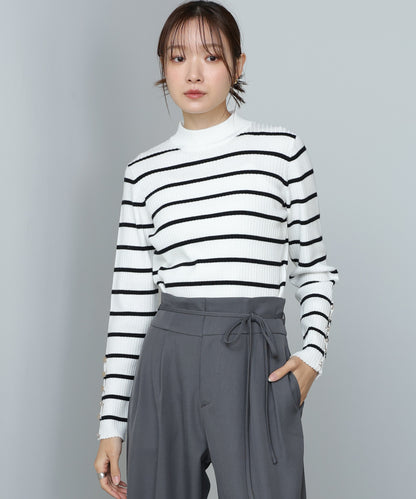 【2026SS】袖ボタンハイネックリブニットトップス