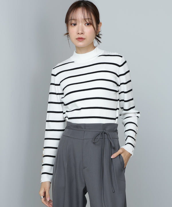 【2026SS】袖ボタンハイネックリブニットトップス